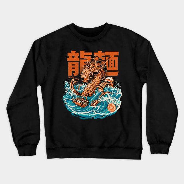 Black Great Ramen Dragon off Kanagawa Crewneck Sweatshirt by Ilustrata